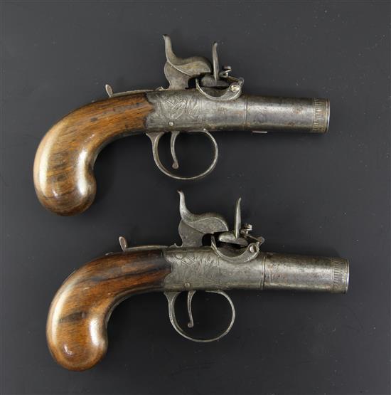 A pair of early 19th century boxlock percussion cap pistols, 6in.